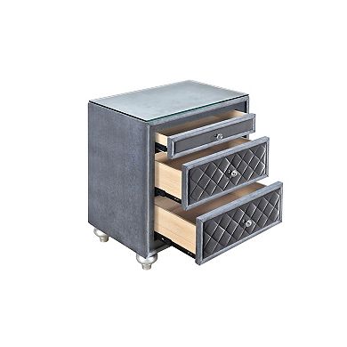 Yin 30 Inch 3 Drawer Nightstand, Glass Top, Crystal Knobs, Gray Velvet