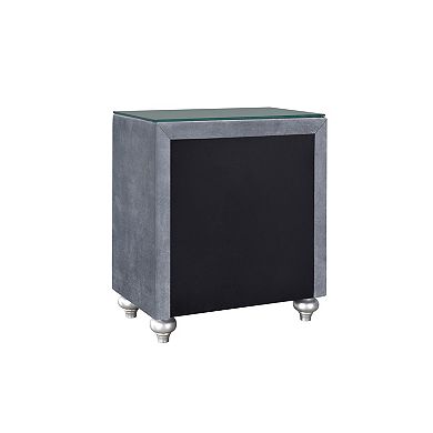 Yin 30 Inch 3 Drawer Nightstand, Glass Top, Crystal Knobs, Gray Velvet
