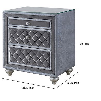 Yin 30 Inch 3 Drawer Nightstand, Glass Top, Crystal Knobs, Gray Velvet