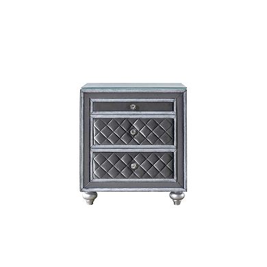 Yin 30 Inch 3 Drawer Nightstand, Glass Top, Crystal Knobs, Gray Velvet