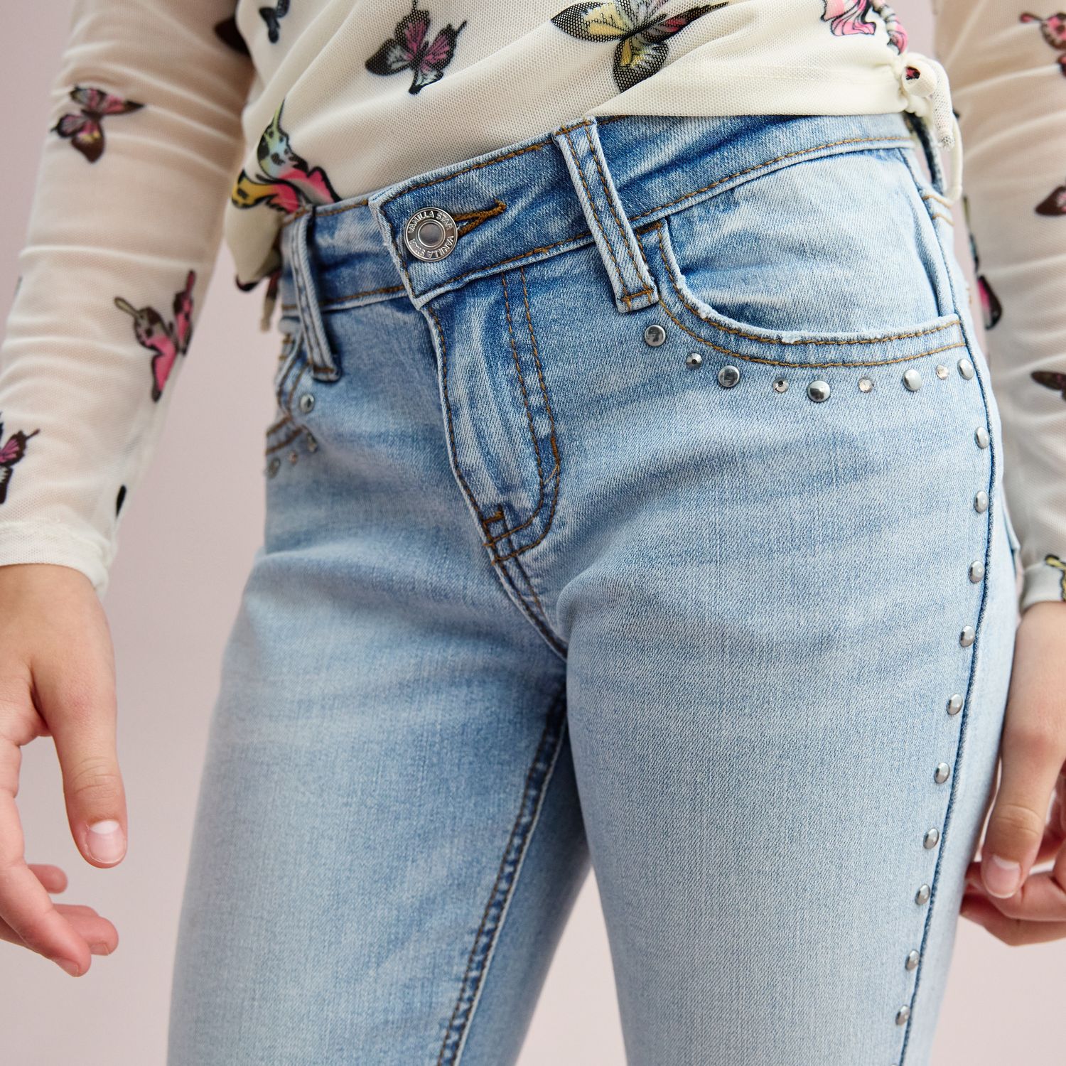 Jeans Fille Arizona Total Girl Taille 6 - Design Coeurs Et étoiles Brodées, Rouge - Occasion TB