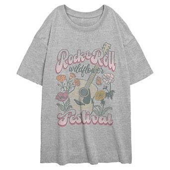 Juniors' Rock And Roll Wildflowers Festival Oversize Graphic Tee