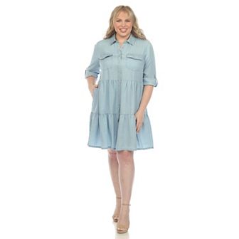 Plus Size Long Sleeve Tiered Midi Shirt Dress