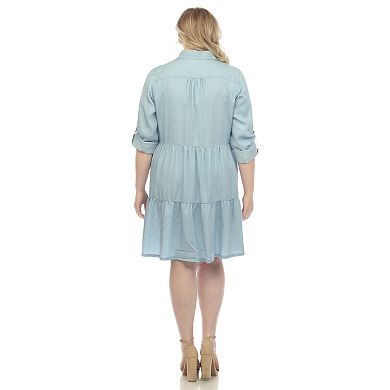 Plus Size Long Sleeve Tiered Midi Shirt Dress