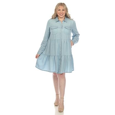 Plus Size Long Sleeve Tiered Midi Shirt Dress