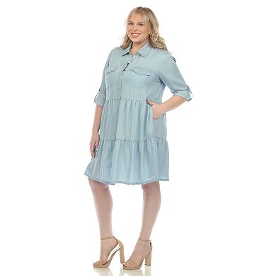 Plus Size Long Sleeve Tiered Midi Shirt Dress
