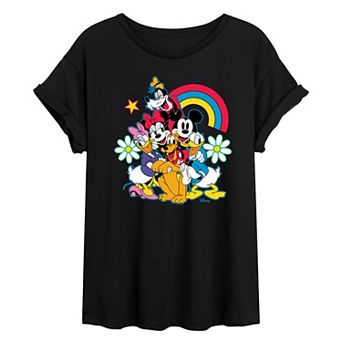 Disney's Mickey Mouse & Friends Juniors' Rainbow Flower Oversized Tee