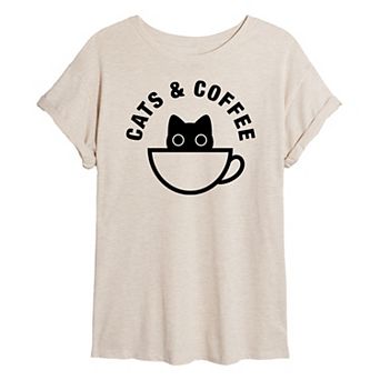Juniors' Cats And Coffee Oversized Tee