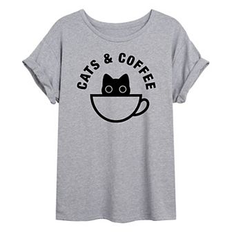 Juniors' Cats And Coffee Oversized Tee