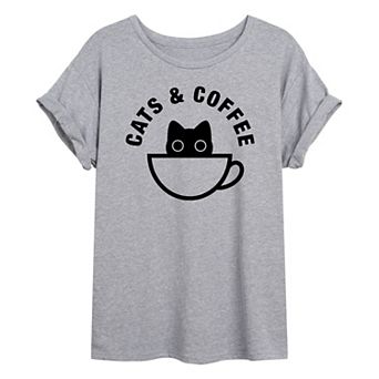 Juniors' Cats And Coffee Oversized Tee