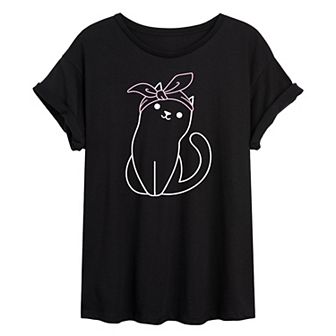 Juniors' Cat Outline Bandana Oversized Tee