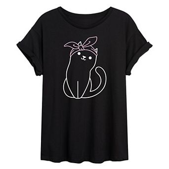 Juniors' Cat Outline Bandana Oversized Tee