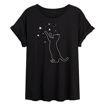 Juniors' Cat Playing With Stars Oversized Tee