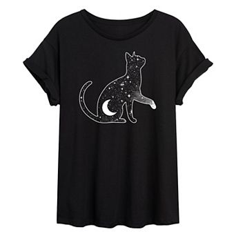 Juniors' Starry Cat Oversized Tee