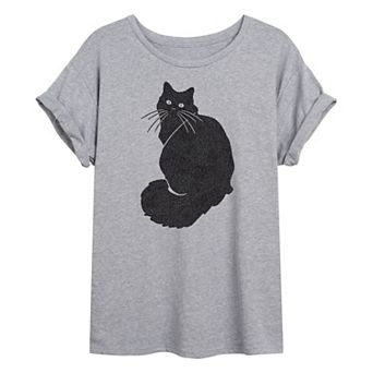 Juniors' Black Cat Oversized Tee