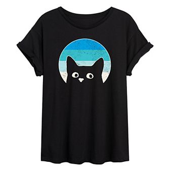 Juniors' Peeking Cat Retro Oversized Tee