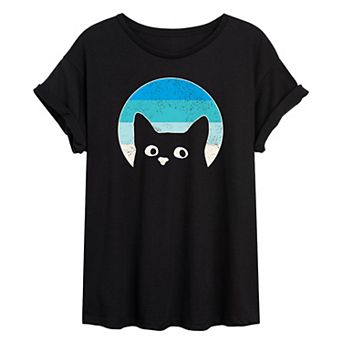 Juniors' Peeking Cat Retro Oversized Tee