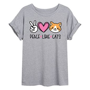 Juniors' Peace Love Cats Oversized Tee