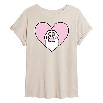 Juniors' Cat Paw Heart Oversized Tee