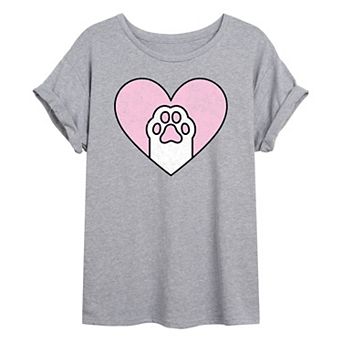 Juniors' Cat Paw Heart Oversized Tee