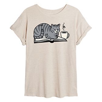 Juniors' Cat On Book Oversized Tee