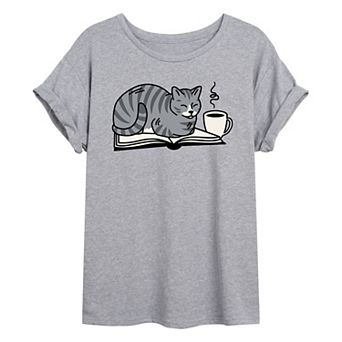 Juniors' Cat On Book Oversized Tee