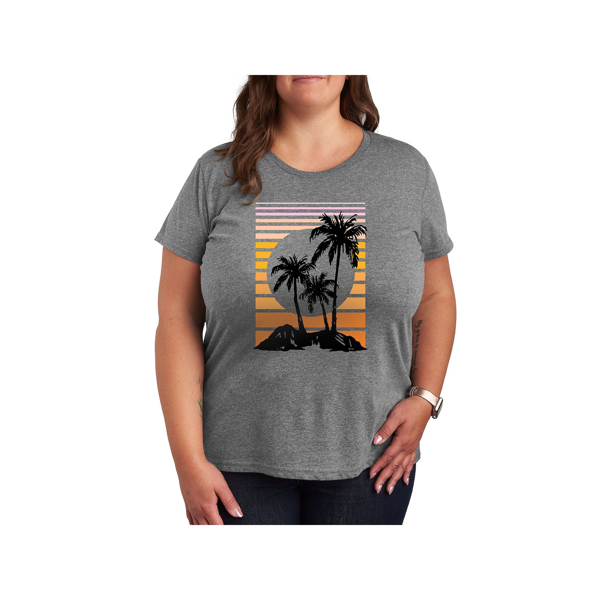 Plus Sunset Palm Trees Graphic Tee, Womens, Size: 1XL, Grey Gray