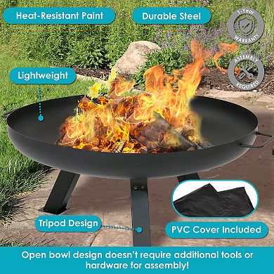 Sunnydaze 29.25 In Rustic Steel Tripod Fire Pit With Cover - Black