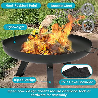 Sunnydaze 29.25 In Rustic Steel Tripod Fire Pit With Protective Cover - Black