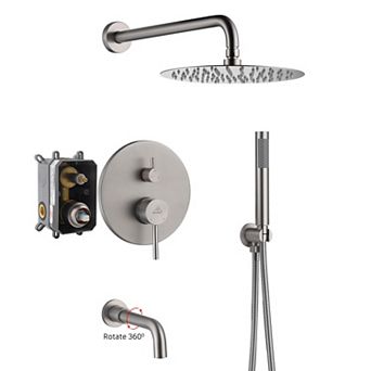 10" Round Luxury Shower System Handheld Spray & Bathtub Spout, Brushed Nickel