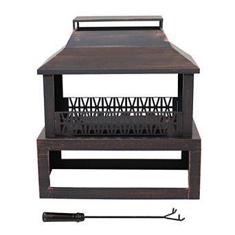 Sunnydaze 32 in Steel Outdoor Fireplace With Log Storage - Brushed Bronze