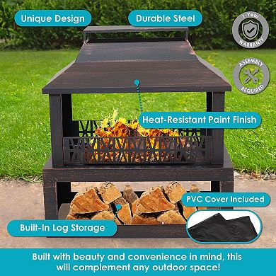 Sunnydaze 32 In Steel Outdoor Fireplace With Log Storage - Brushed Bronze