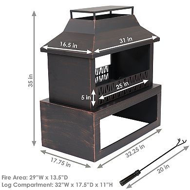 Sunnydaze 32 In Steel Outdoor Fireplace With Log Storage - Brushed Bronze