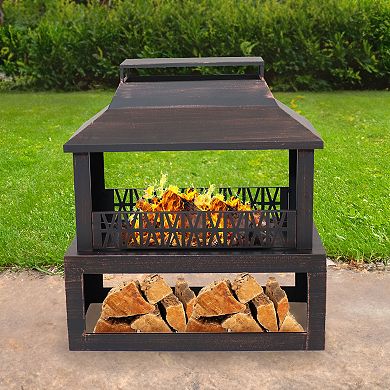 Sunnydaze 32 In Steel Outdoor Fireplace With Log Storage - Brushed Bronze