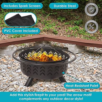 Sunnydaze 36 In Steel Arrow Motif Fire Pit With Spark Screen - Black