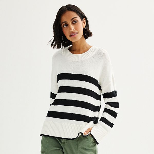 Women's Sonoma Goods For Life® Side Slit Crewneck Sweater - Ivory Ore Stripe (LARGE)