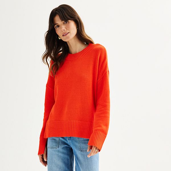 Women's Sonoma Goods For Life® Side Slit Crewneck Sweater - Orange Hibiscus (X LARGE)