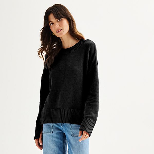 Women's Sonoma Goods For Life® Side Slit Crewneck Sweater - Pitch Black (XX LARGE)