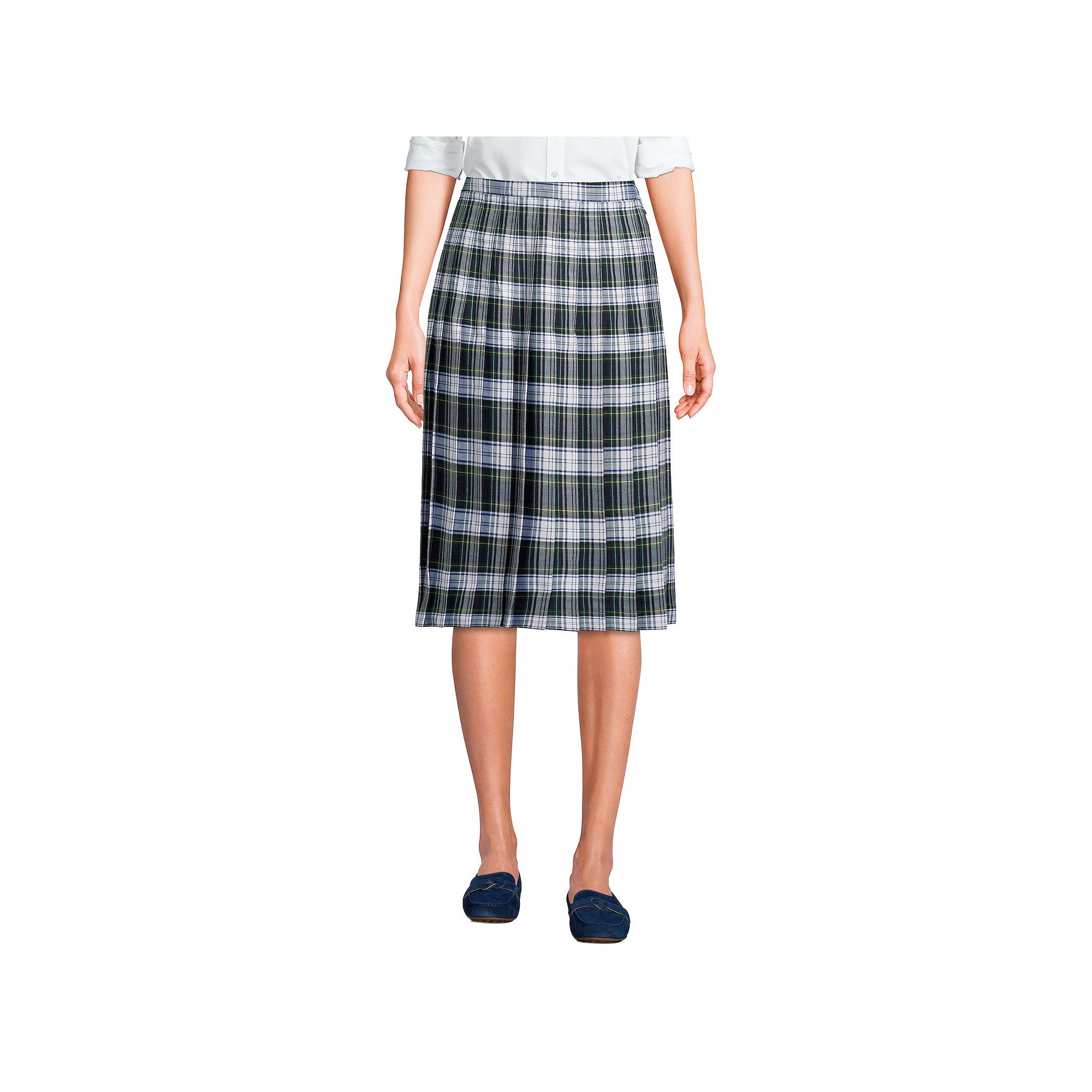 Womens Lands End School Uniform Plaid Pleated Midi Skirt, Size: 4, White 