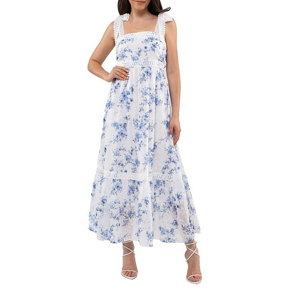 August Sky Women's Lace Trim Floral Midi Dress