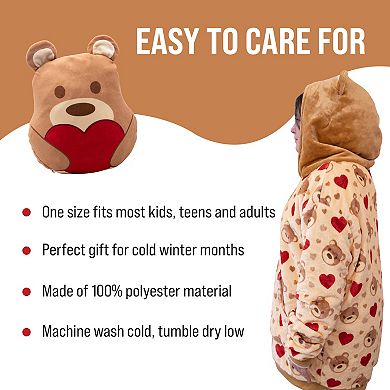 Unisex Teddy Hearts Snugible Blanket Hoodie & Pillow