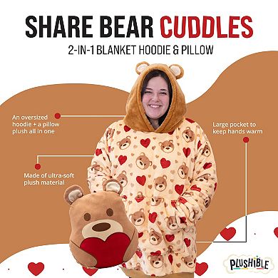 Unisex Teddy Hearts Snugible Blanket Hoodie & Pillow