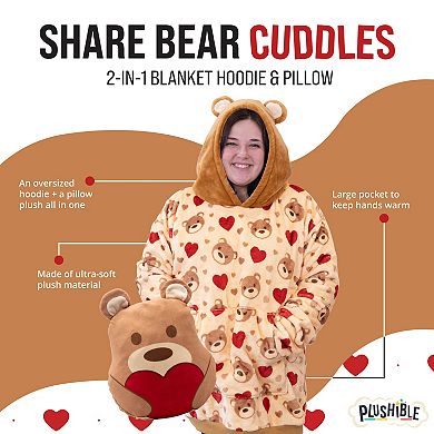 Unisex Teddy Hearts Snugible - Reversible Blanket Hoodie Pillow