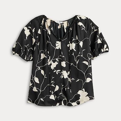 Tie Front V-Neck Puff Sleeve Blouse