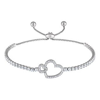 Sterling Silver Cubic Zirconia Double Heart Bolo Bracelet