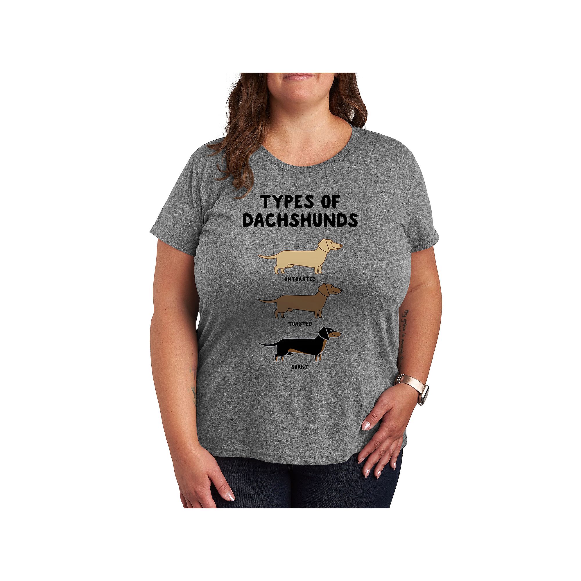Plus Types Of Dachshunds Graphic Tee, Womens, Size: 1XL, Grey Gray