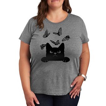 Plus Peeking Cat And Butterflies Graphic Tee