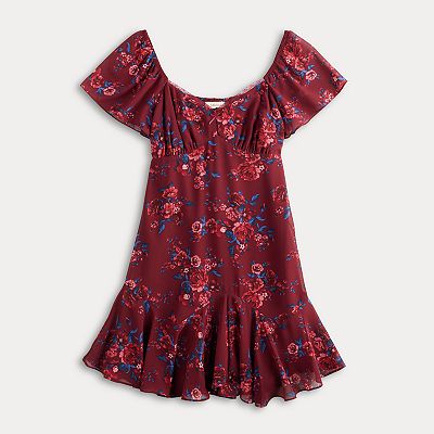 Juniors' Rewind Flutter Sleeve Sweetheart Neck Skater Dress