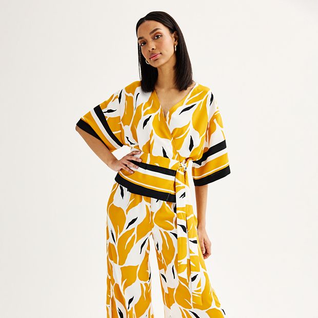 Women s Nine West Wide Sleeve Waist Belted Satin Kimono Top