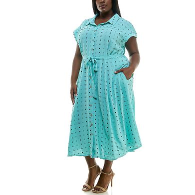 Plus Size Nina Leonard Swiss Dot Print Collared Short Sleeve Midi Shirt Dress